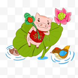 彩色鸳鸯图片_卡通手绘躺在荷叶上的可爱小猪创