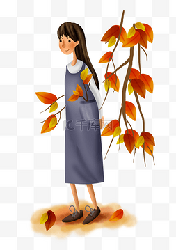 秋游手绘文艺女孩和树