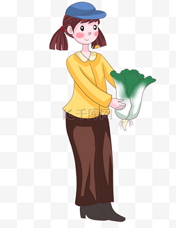 绿色的大白菜图片_卡通手绘手拿蔬菜白菜的女孩
