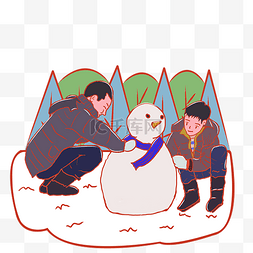 两个小孩在冬天的雪地上堆雪人