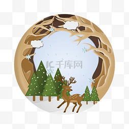 树剪纸风格图片_剪纸风白雪纷飞可爱麋鹿插画