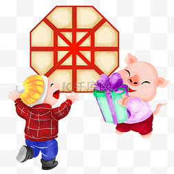 中中国风窗户图片_新年手拿礼盒的金猪