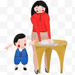 卡通手绘春节包饺子的母亲和孩子