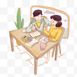 桌凳图片_情人节情侣居家学习手绘插图