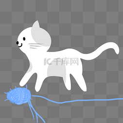 猫咪手绘玩毛线图片_白猫玩蓝色线团手绘插画psd