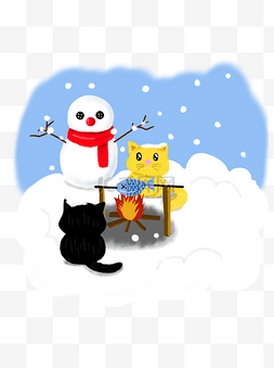 手绘冬日雪景卡通可爱猫咪可商用