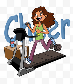健身女人跑步机运动手绘插画