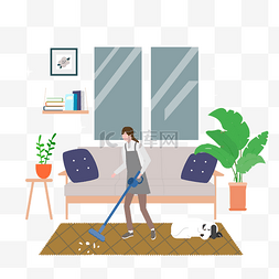 插画盆栽图片_卡通插画风正在打扫房间的女人