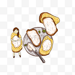 免费候车图片_手绘卡通切片奶油面包插画小女孩
