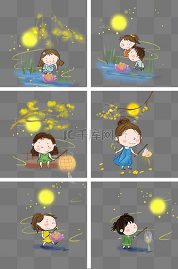 花灯插图图片_中秋节赏月看灯的男孩和女孩