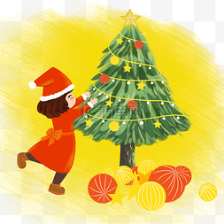 手拿荷叶的小女孩图片_圣诞节小女孩圣诞树插画