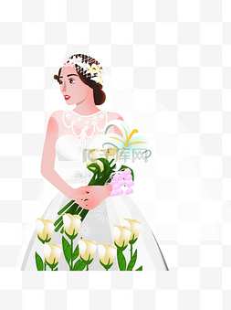 白色婚纱新娘图片_手绘卡通手捧鲜花的白色婚纱新娘