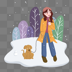 冬季遛狗小女孩