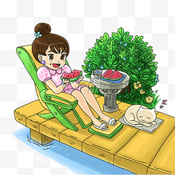 绿猫卡通图片_夏季大暑小暑可爱小女孩吃西瓜插