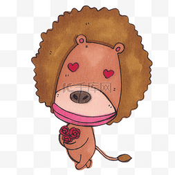 红色小狮子狮子图片_手拿鲜花的小狮子插画