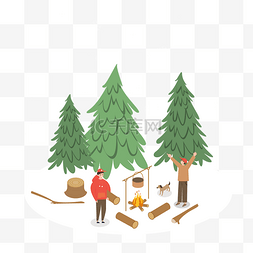 野外大自然图片_2.5d卡通插画风森林中烤火的男孩