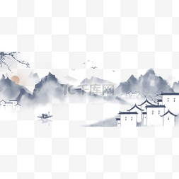 手绘插画风景素材图片_中国风手绘水墨风景山水徽派建筑