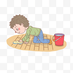 做家务情景图片_卡通手绘人物擦地板男孩