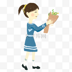 蓝色花教师节图片_拿着一束绿色花送给老师的女孩