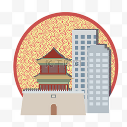 城市建筑手绘红色图片_手绘城市地标天津插画