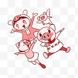 卡通小猪和女孩自由飞翔png透明底
