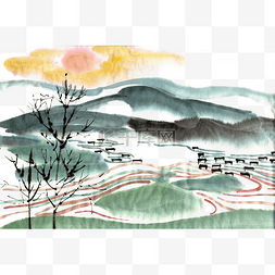 山脚下的山村图片_山村梯田风景水墨画PNG免抠素材