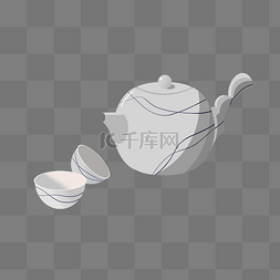 手绘白色中国风茶壶茶杯