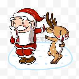 卡通圣诞老人和驯鹿玩闹png透明底