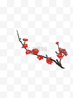 手绘树枝红图片_手绘红梅花复古写实设计可商用元