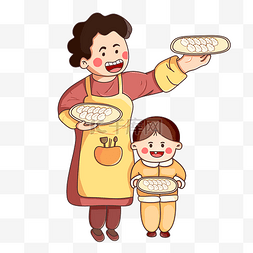 卡通小孩吃饺子图片_立冬二十四节气中国传统妈妈小孩