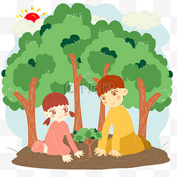 植树节女孩男孩森林种树苗