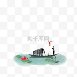 小船图片_水墨荷花池小船png