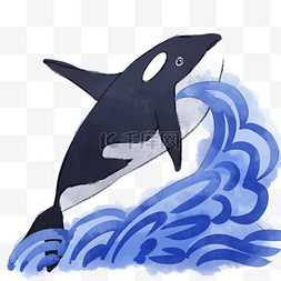 手绘蓝色水浪图片_手绘海生物鲸鱼插画