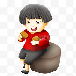 现代背石墩景图片_坐在石头凳子上吃月饼的男孩 