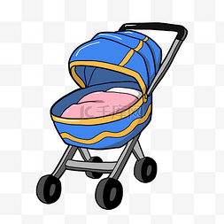 蓝色婴儿车图片_婴儿用品卡通手绘插画