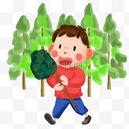 绿色植树节海报图片_植树节抱着书苗的男孩卡通手绘素