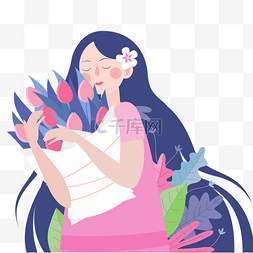 女神节手绘女孩图片_抱着鲜花的女孩卡通png素材