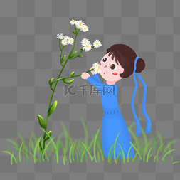 度假草裙图片_插画风蓝裙女子花植物