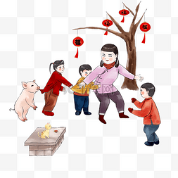 水彩插画春节图片_中国风手绘传统习俗老鹰捉小鸡