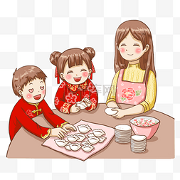 2019新年插画图片_2019年过年新年妈妈孩子们包饺子