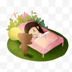 睡眠手机图片_晚安系列可爱小女孩熟睡小熊守护