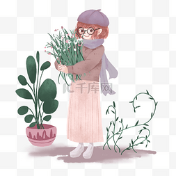粉色植物盆栽图片_春季人物和植物插画