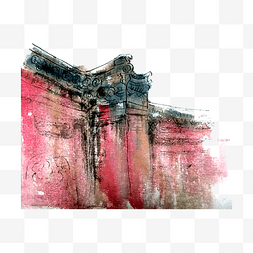 古典红墙建筑装饰国画水墨PNG