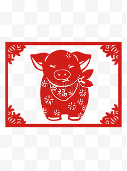 春节猪年传统窗花猪红色