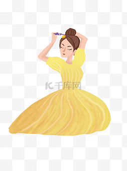黄色裙子少女图片_手绘穿黄色裙子的少女可商用元素