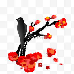 水墨红花与鸟插画