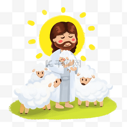 基督手绘图片_卡通耶稣和可爱的绵羊