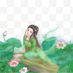 手绘长发美女图片_手绘古典美女植物荷花荷叶仙境