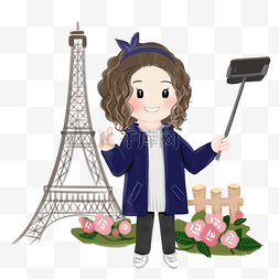 亲子假期旅行图片_巴黎铁塔旅行女孩插画