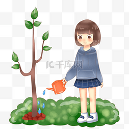 蓝色叶子水滴图片_植树节浇树的小女孩